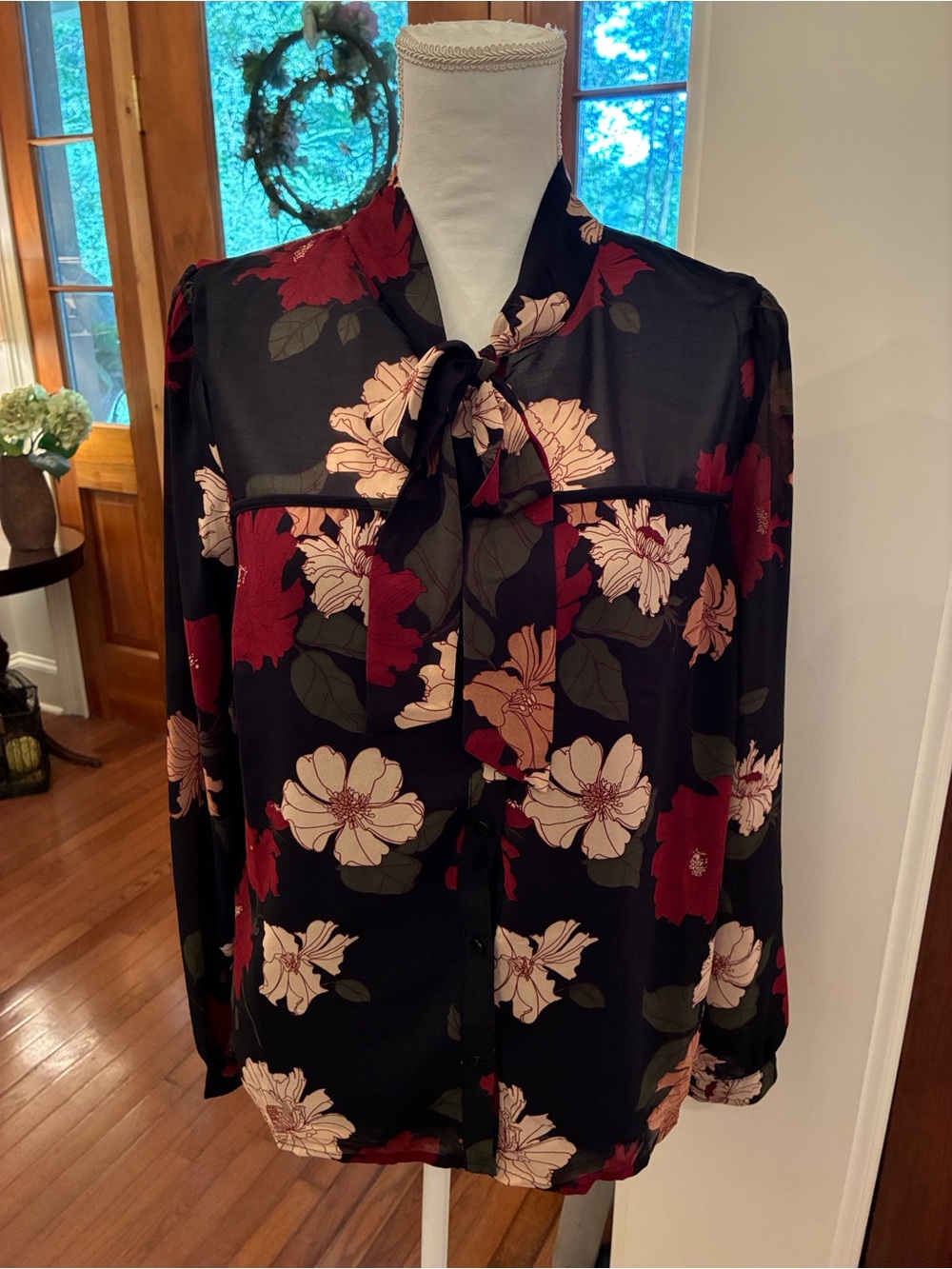 Monteau Black Floral Tie-Neck Button Down Sheer Blouse NWT XL
